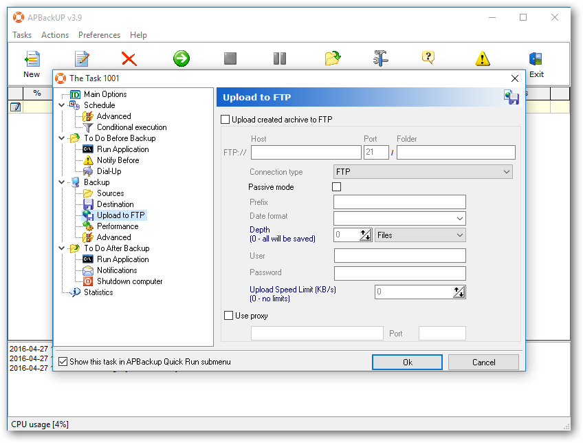 APBackup FTP settings