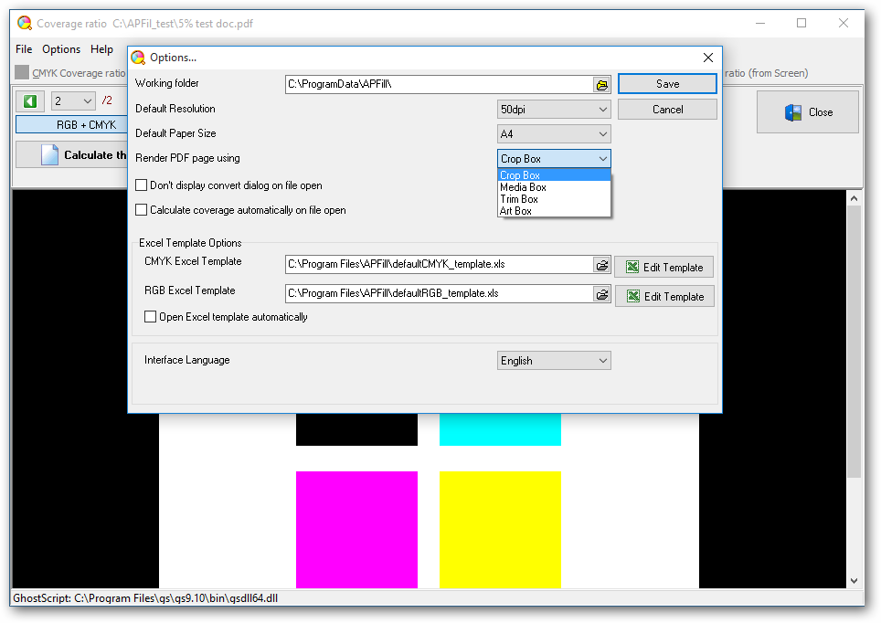 APFill Ink coverage Calculator options window